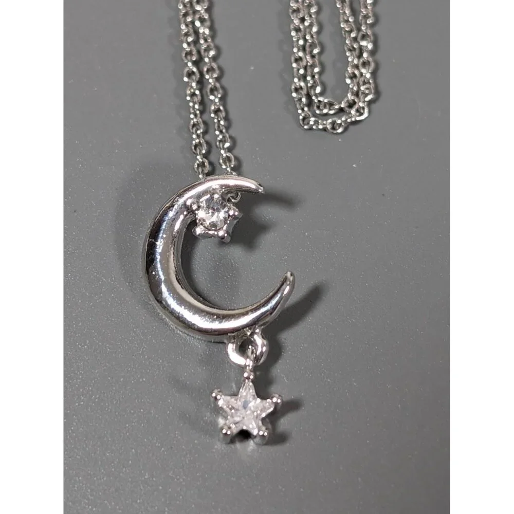 Silver Tone Rhinestone‎ Crescent Moon Star Charm Necklace Dainty 18